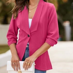 Women's 3/4 Stretchy Ruched Sleeve Open Front Lightweight Work Office Blazer